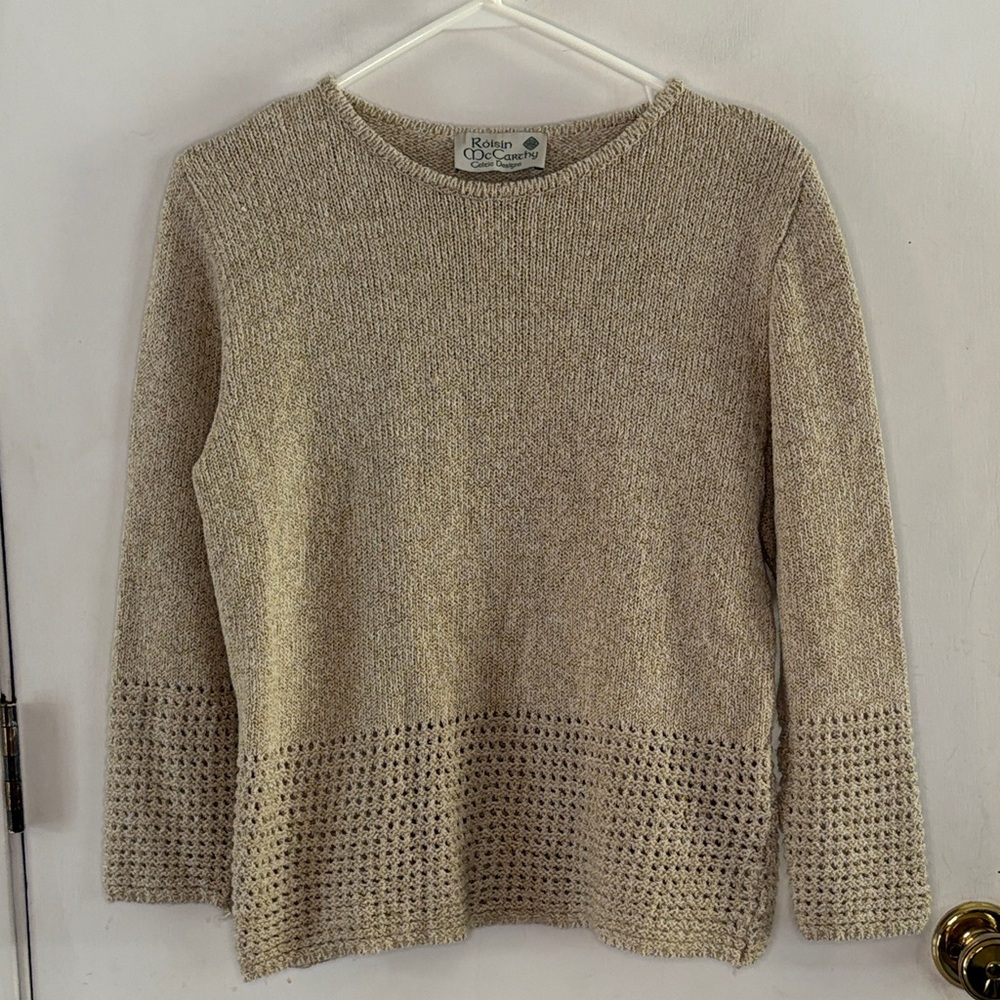Roisin McCarthy oatmeal Irish knit sweater with open knit bottom Size Small